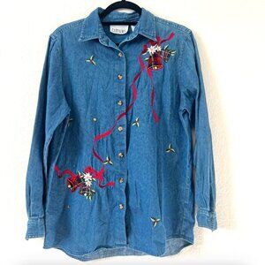 Vintage Casey & Max Sz M Denim Christmas Holiday Embroidered Shirt Grandmacore